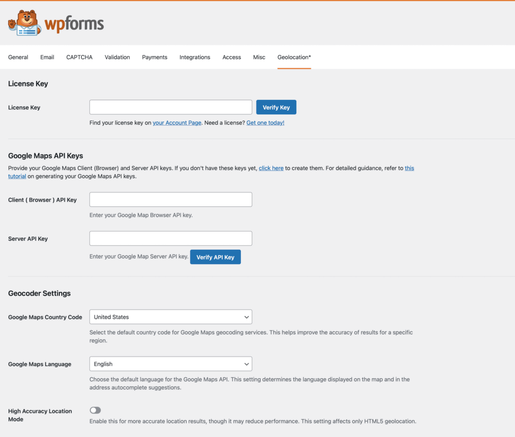 WPForms Geolocation Settings Page