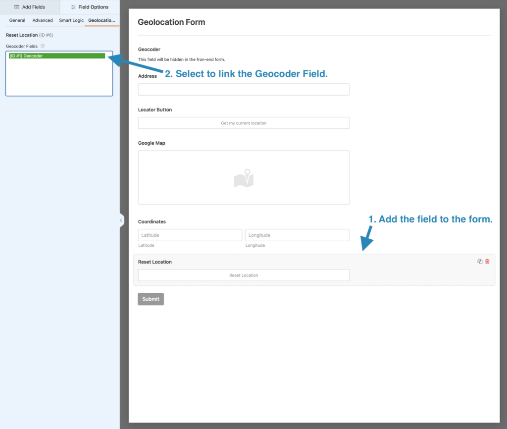 Reset Location Button setup to clear geolocation fields