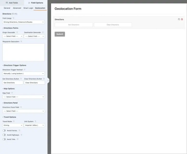 Directions field options