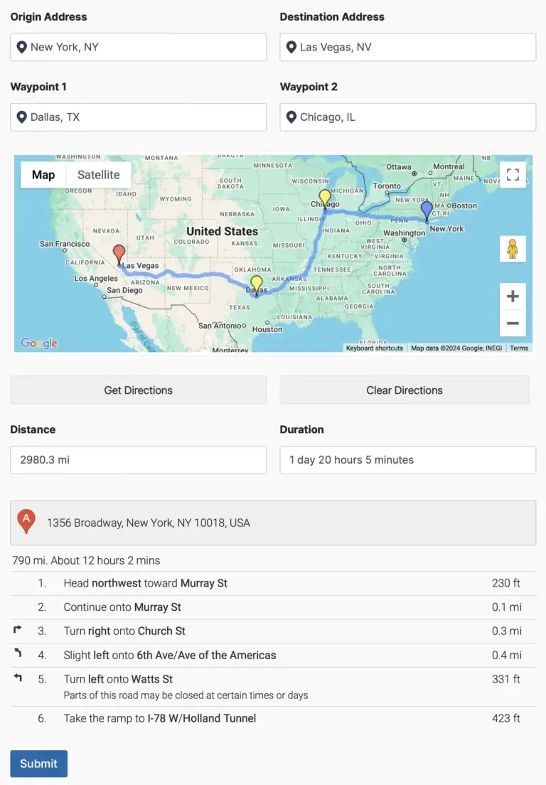 Driving Directions Form