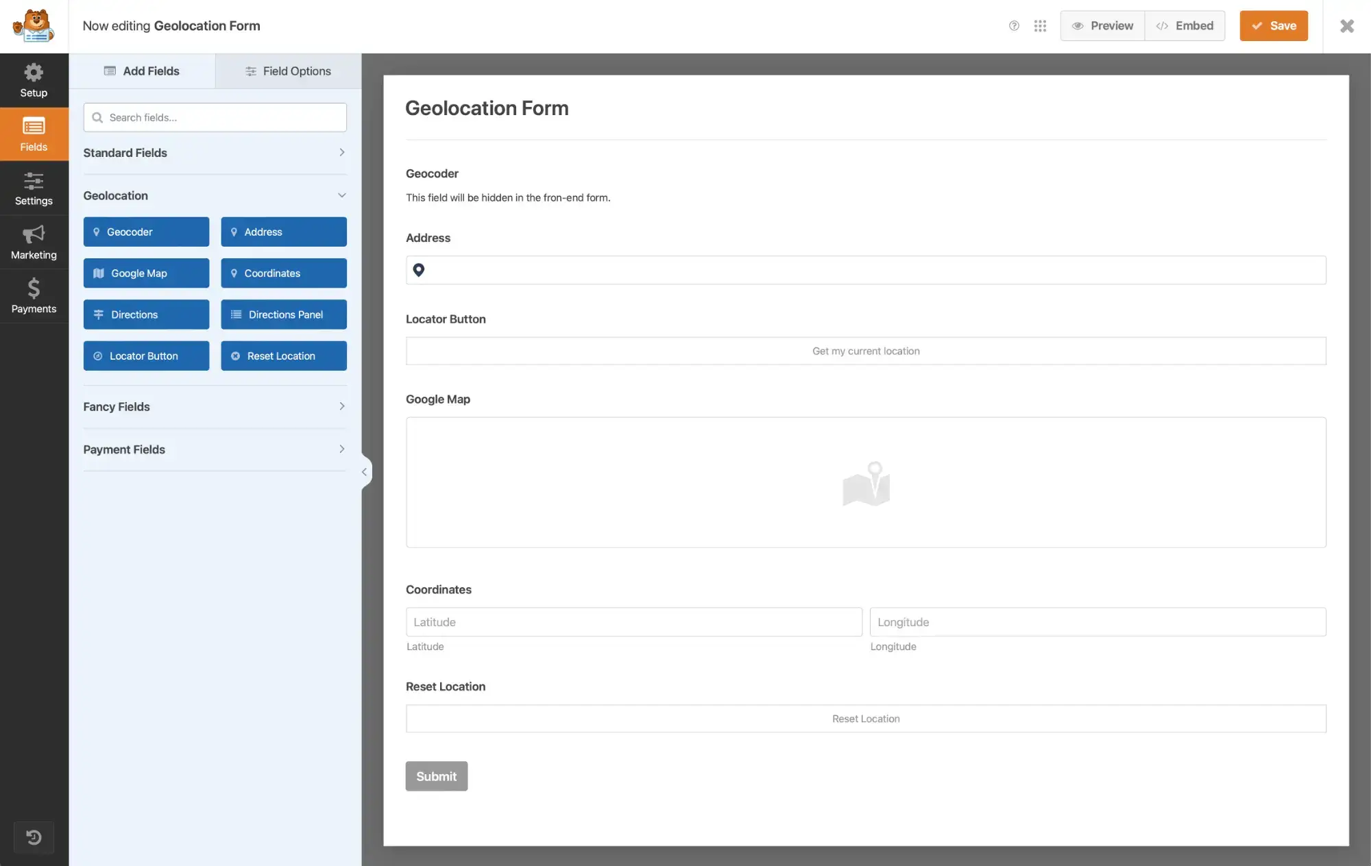 WPForms Geolocation Fields in Form Editor